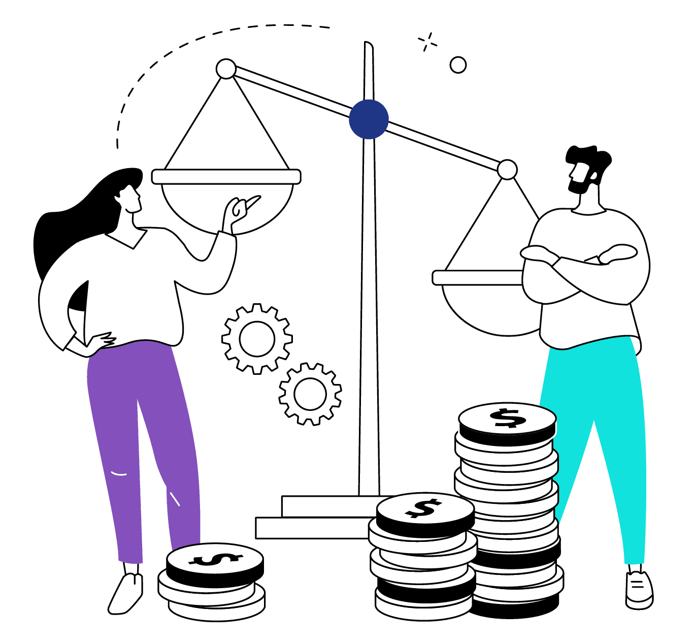 A man and a woman count money on scales